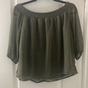 Sheer Off Shoulder Olive Green 3/4 Sleeve Top from BLUENOTES